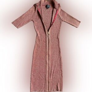 Stretch Midi Dress with Front Zipper S - Metallic Knit Fabric, Reddish-Golden